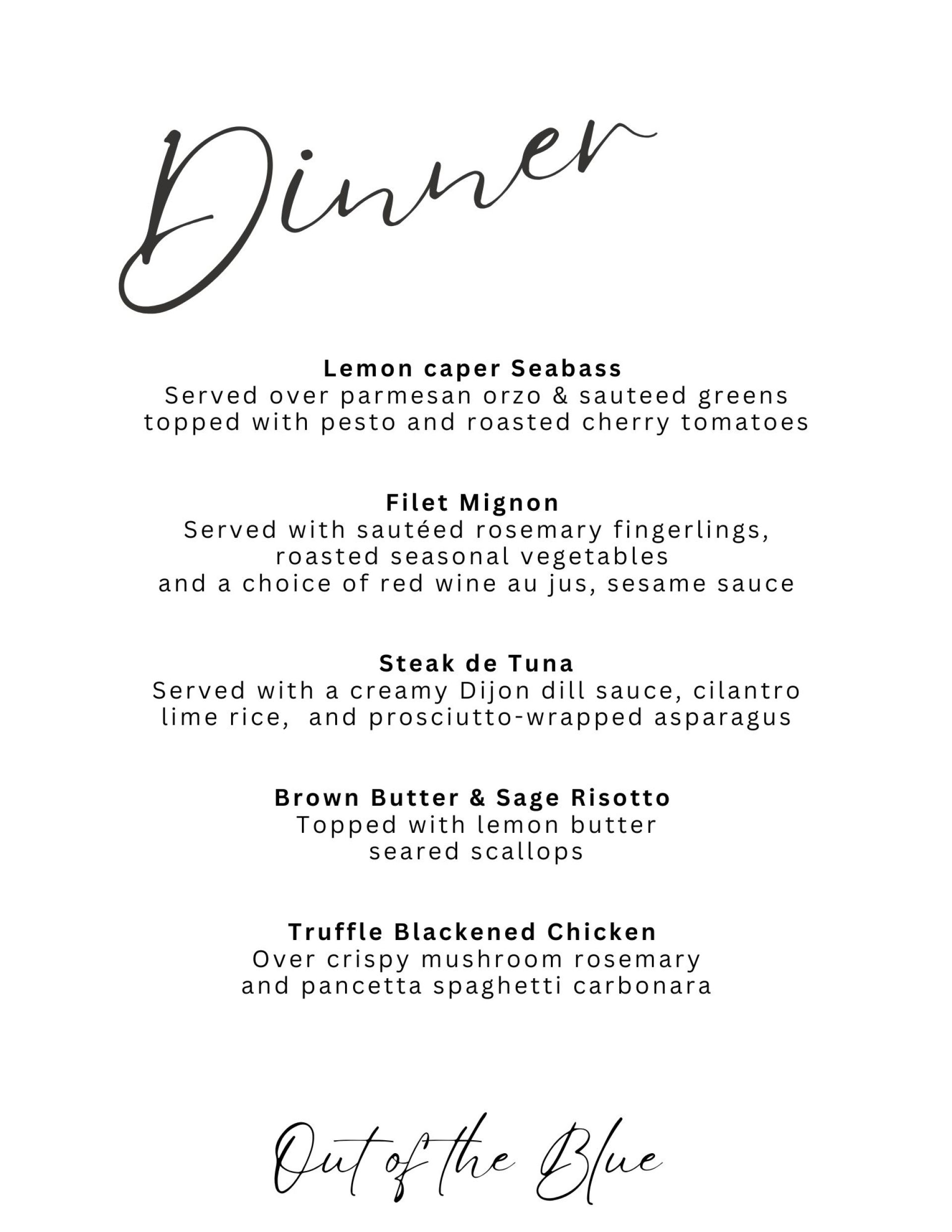 Out of the Blue Sample Dinner