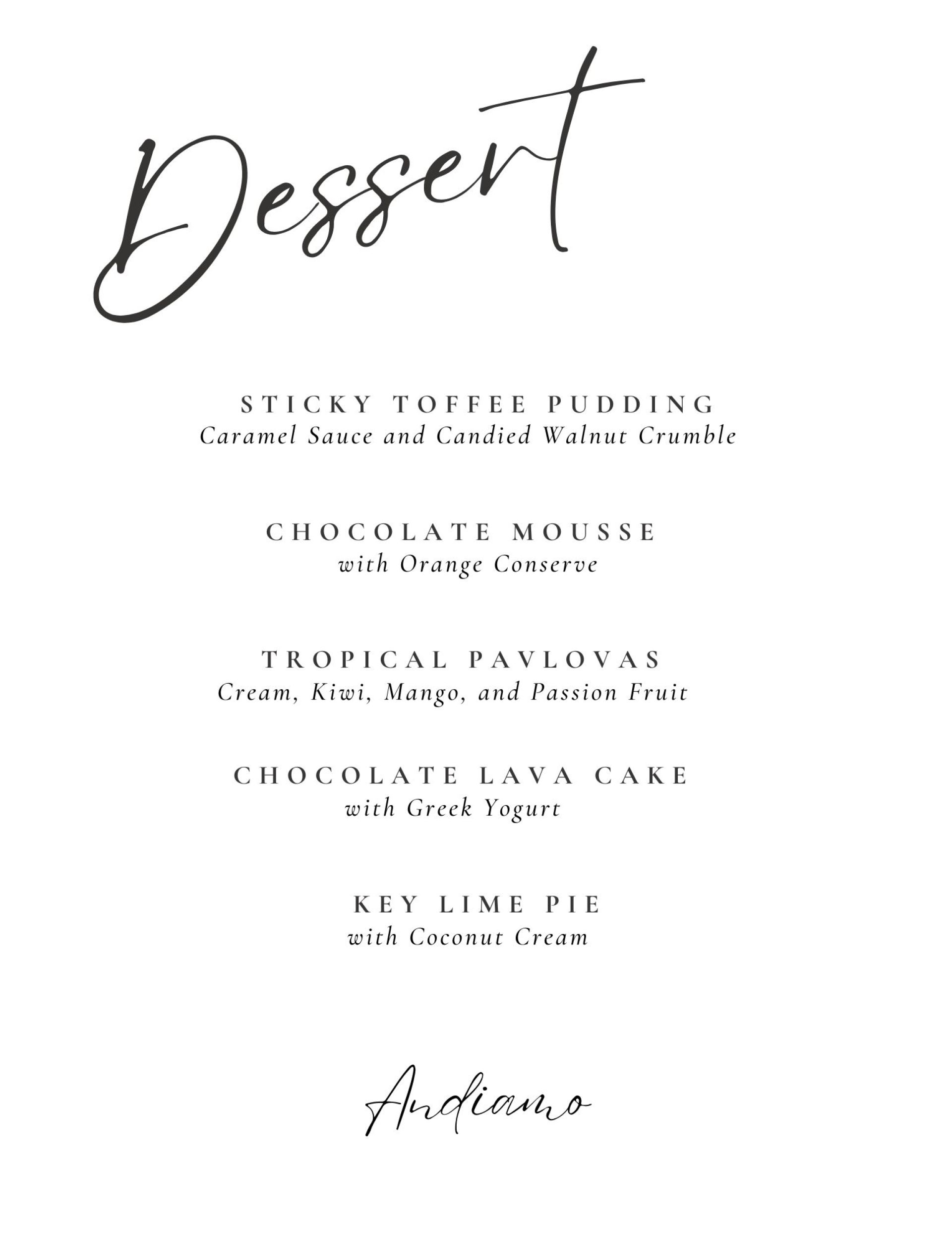 Dessert Sample Menu