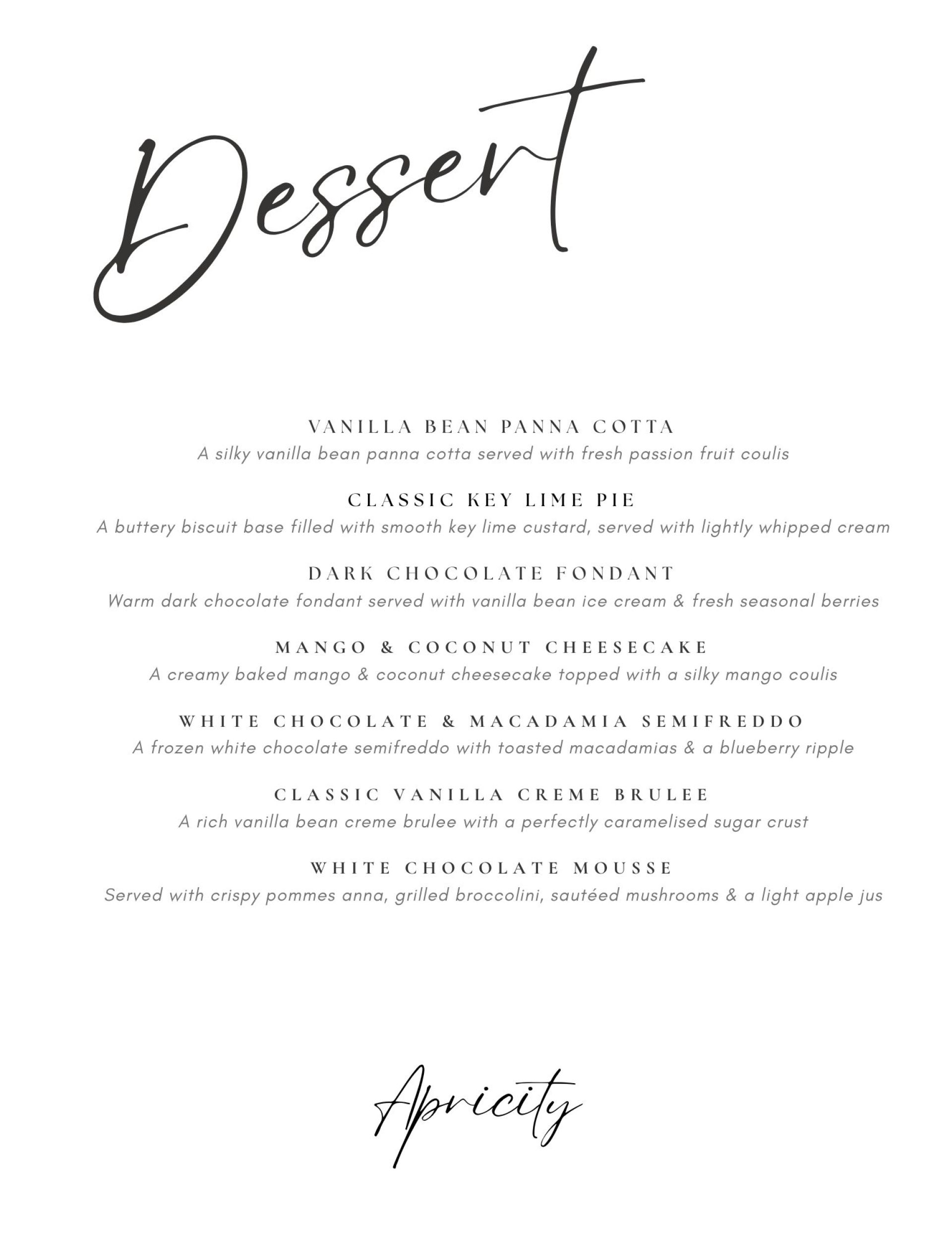 Dessert Sample Menu