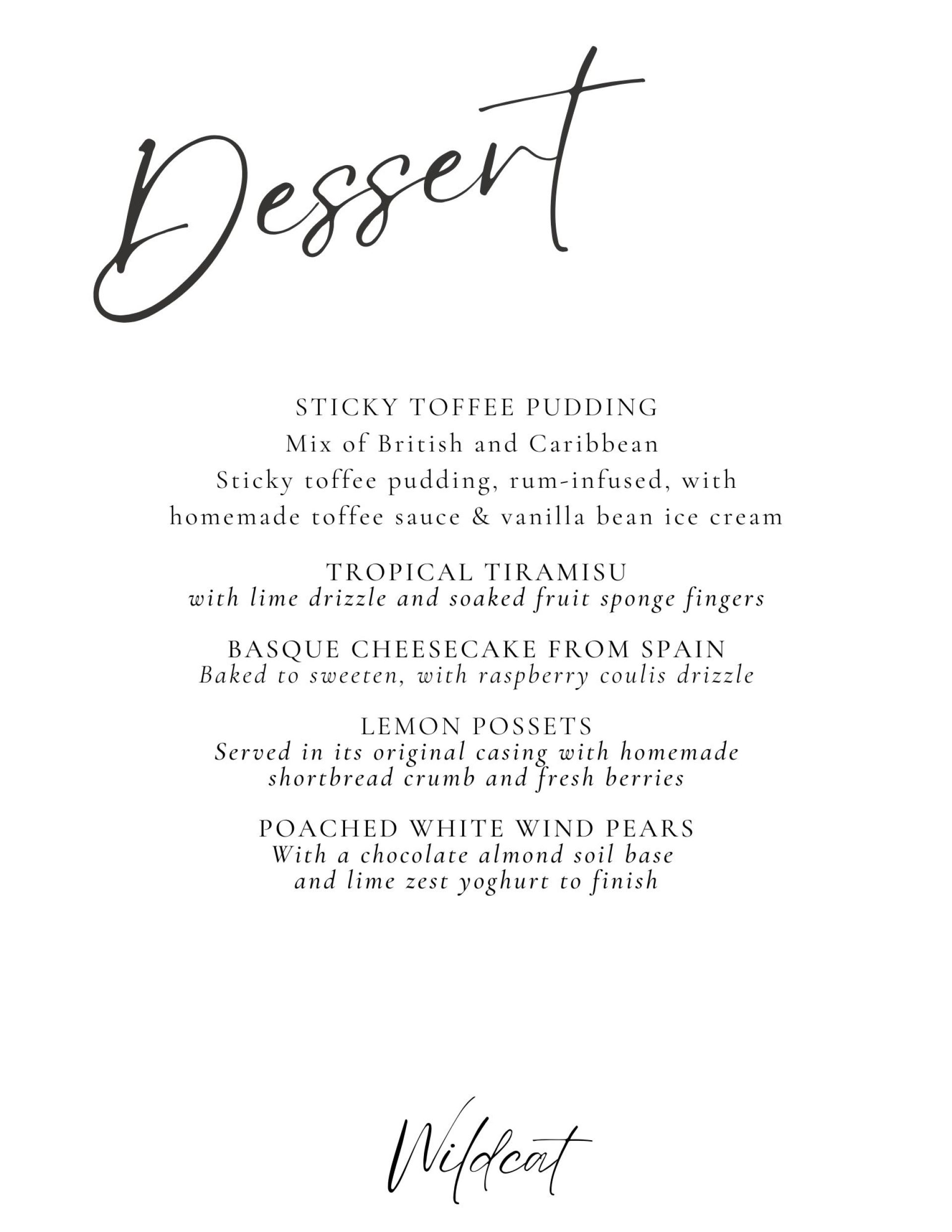 Dessert Sample Menu